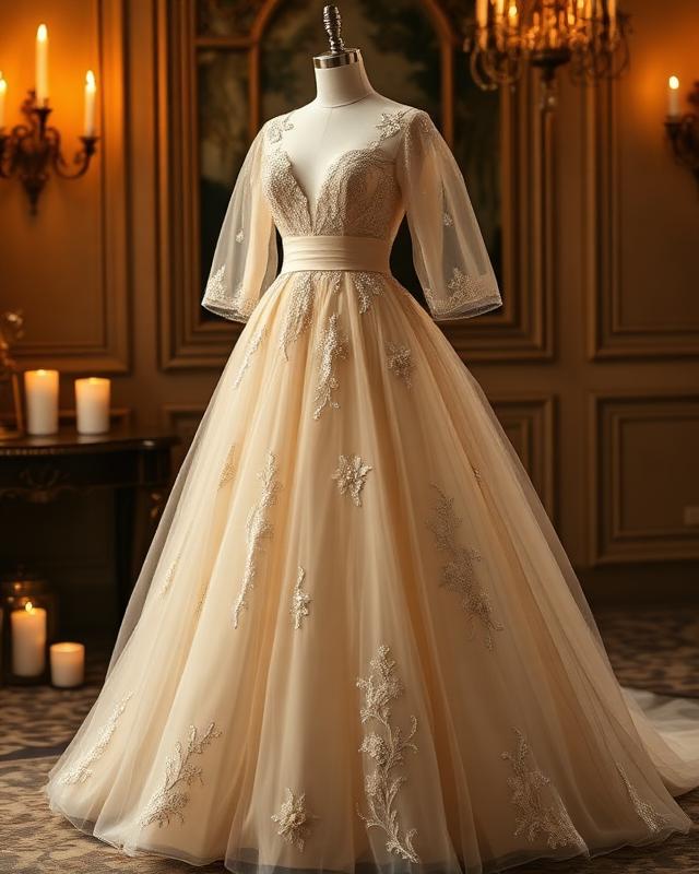 Champagne organza ball gown with floral embroidery and soft train in candlelight