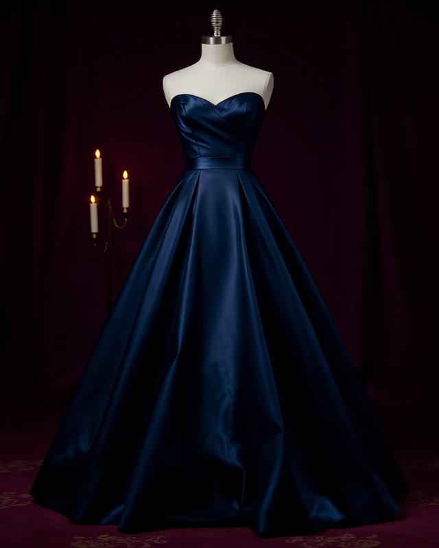 Deep sapphire satin ball gown with full skirt on a dress form in candlelight