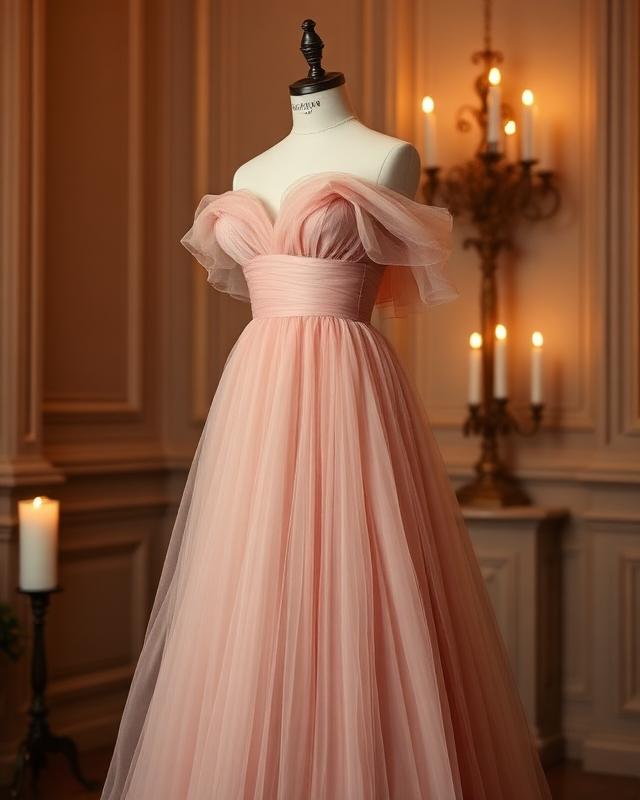 Blush tulle off-the-shoulder ball gown on a dress form in candlelight