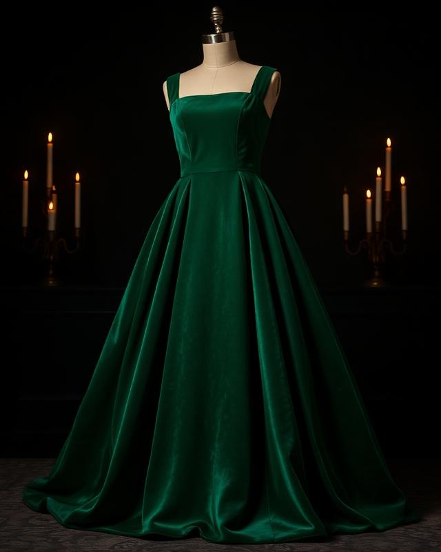 Emerald velvet ball gown with square neckline on a dress form in candlelight