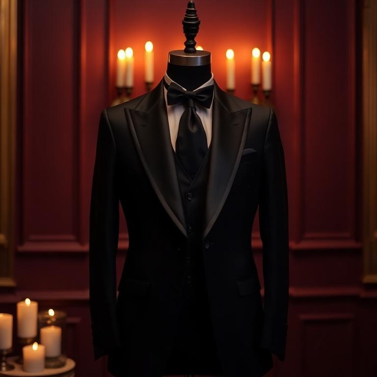 Black slim-fit evening suit on a tailor's form in candlelight