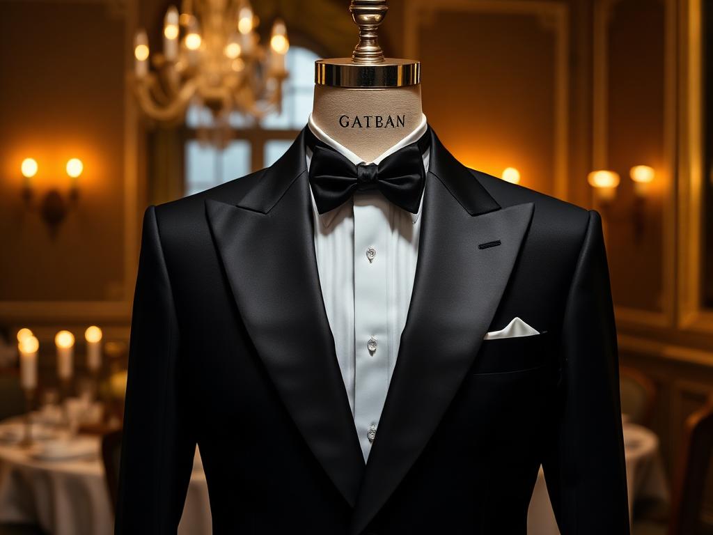 Classic black tuxedo with satin peak lapels and bow tie on a tailor's form