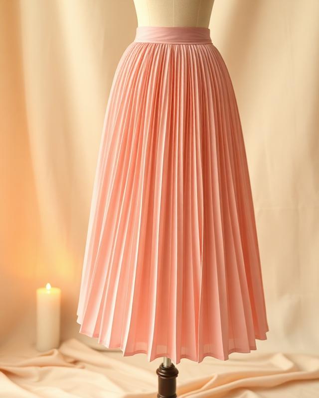Pleated blush pink midi skirt on a dress form beside a candle