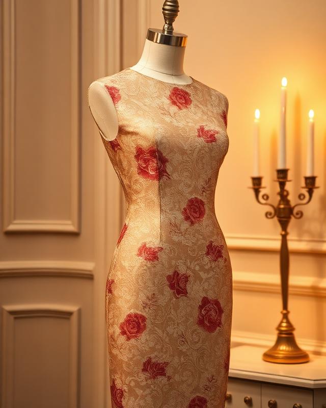 Floral brocade sheath dress on a mannequin beside a candelabra