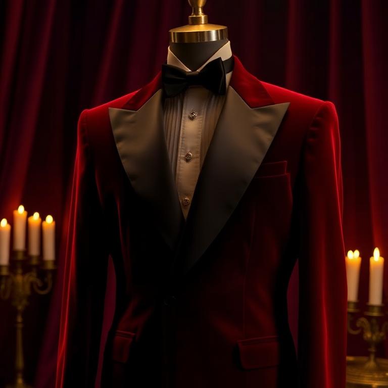 Burgundy velvet dinner jacket with satin shawl lapel in candlelight