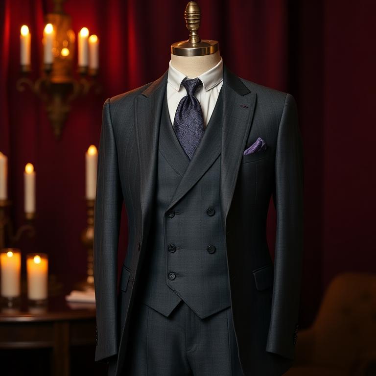 Charcoal three-piece suit with waistcoat on a tailor's form in candlelight