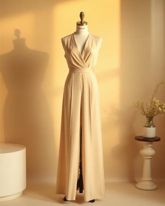 Wide-leg champagne crepe jumpsuit on a mannequin in warm light
