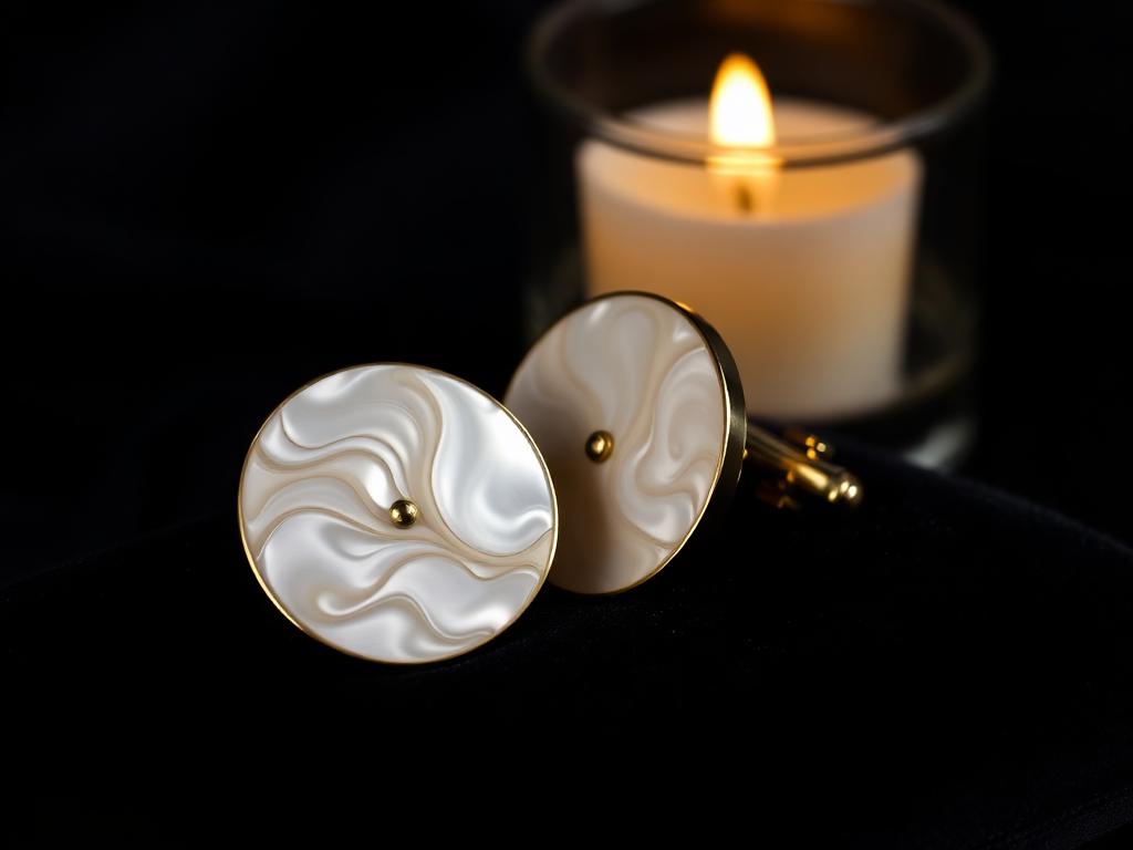 Mother-of-pearl and gold cufflinks on dark velvet beside a candle
