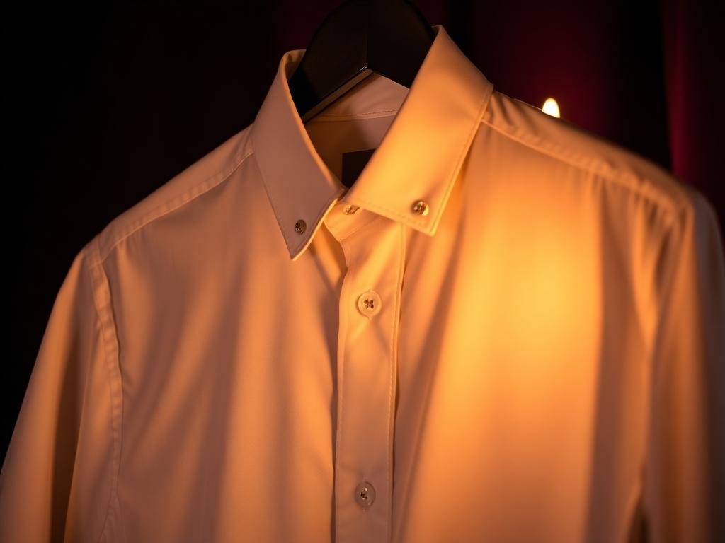 Ivory french-cuff dress shirt on a hanger in warm light