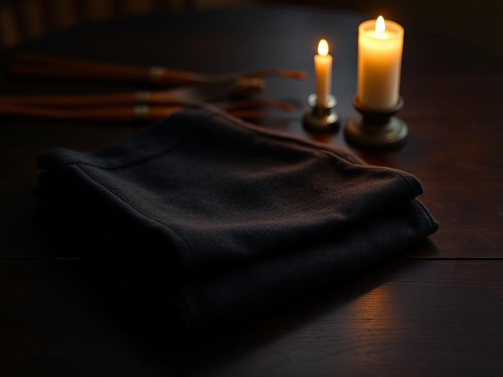 Charcoal wool dress trousers folded on dark wood beside candles