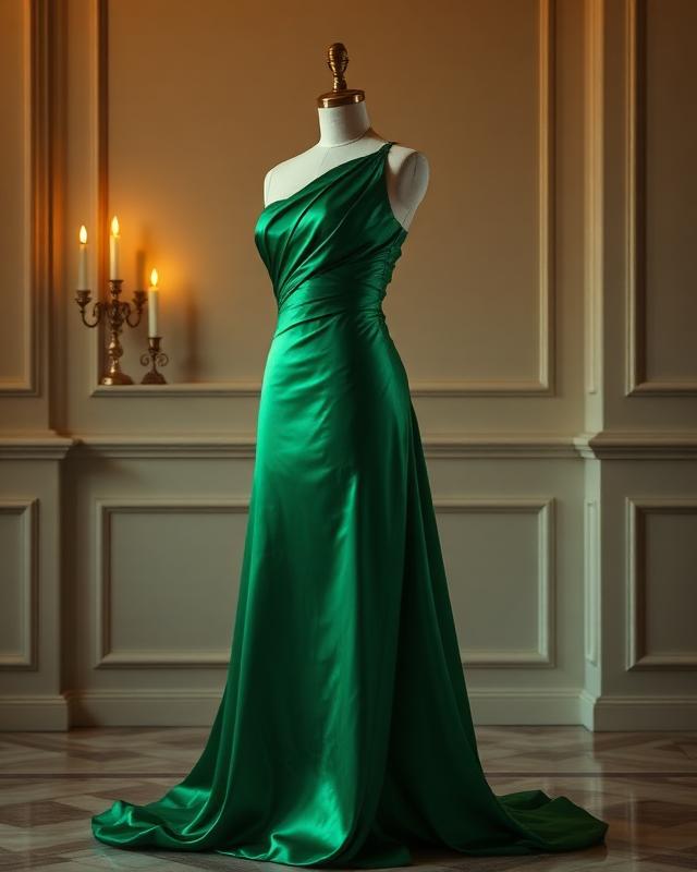 Emerald satin floor-length gown draped on a mannequin in candlelight
