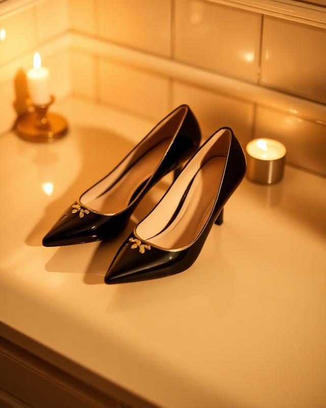 Black evening pumps with gold trim in candlelight