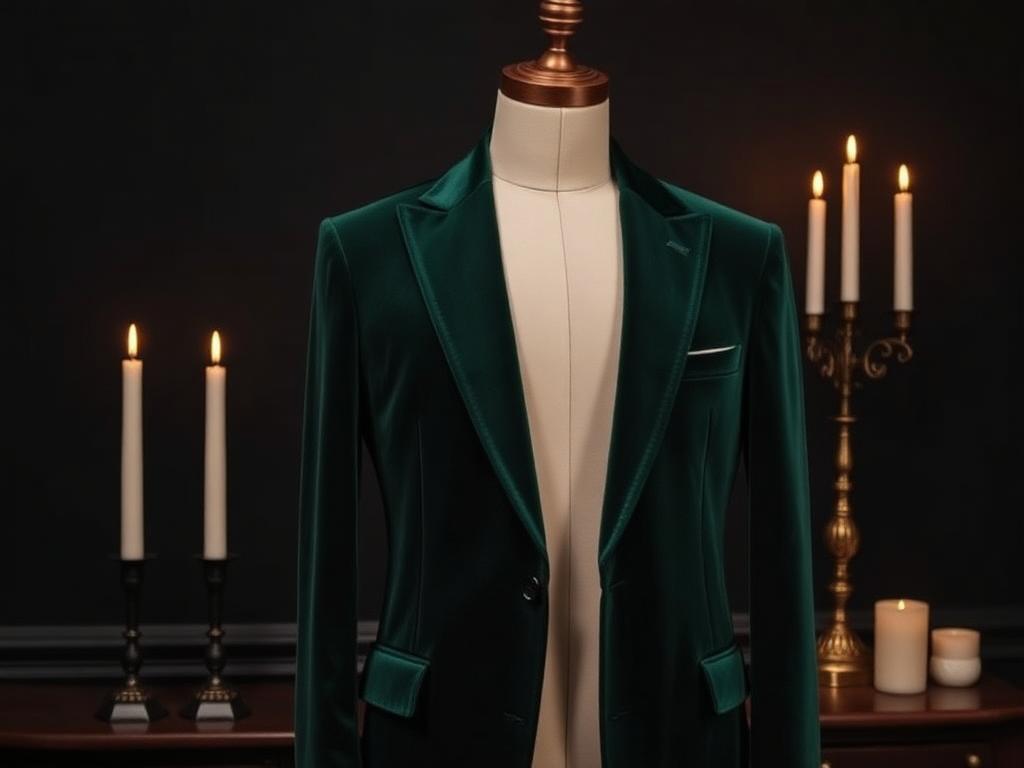 Forest green velvet blazer on a tailor's form beside candles