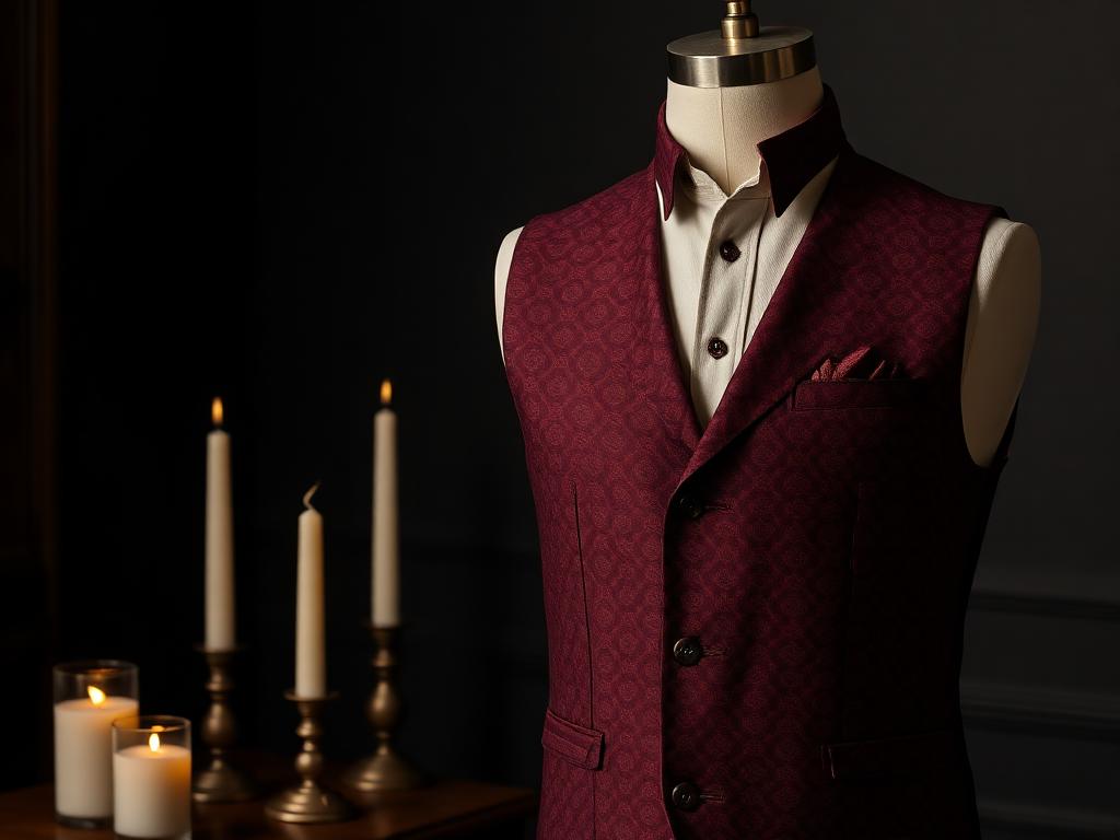 Burgundy jacquard waistcoat on a tailor's form beside candles