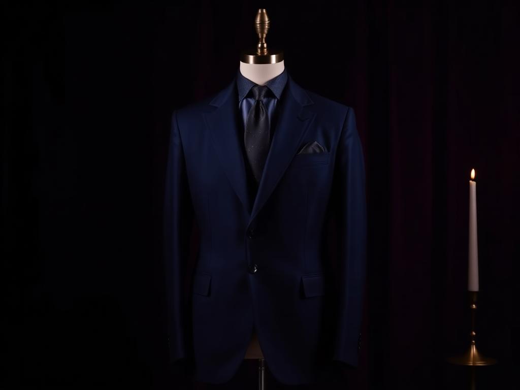 Midnight blue tailored suit on a tailor's form in candlelight