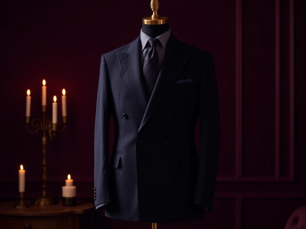 Navy wool-blend suit on a tailor's form in candlelight