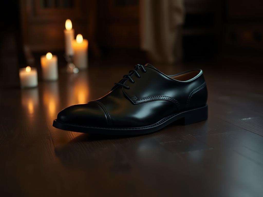 Black cap-toe leather oxford shoe on dark wood in candlelight