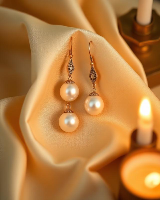 Pearl drop earrings resting on cream silk beside a candle