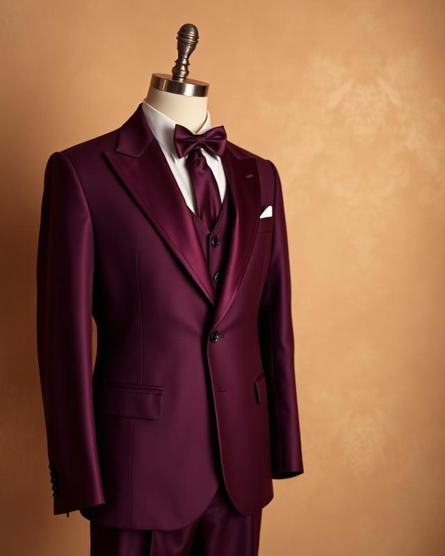 Tailored plum tuxedo with bow tie on a tailor's form