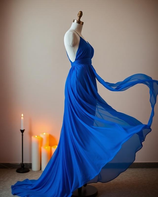 Sapphire chiffon column gown flowing on a mannequin