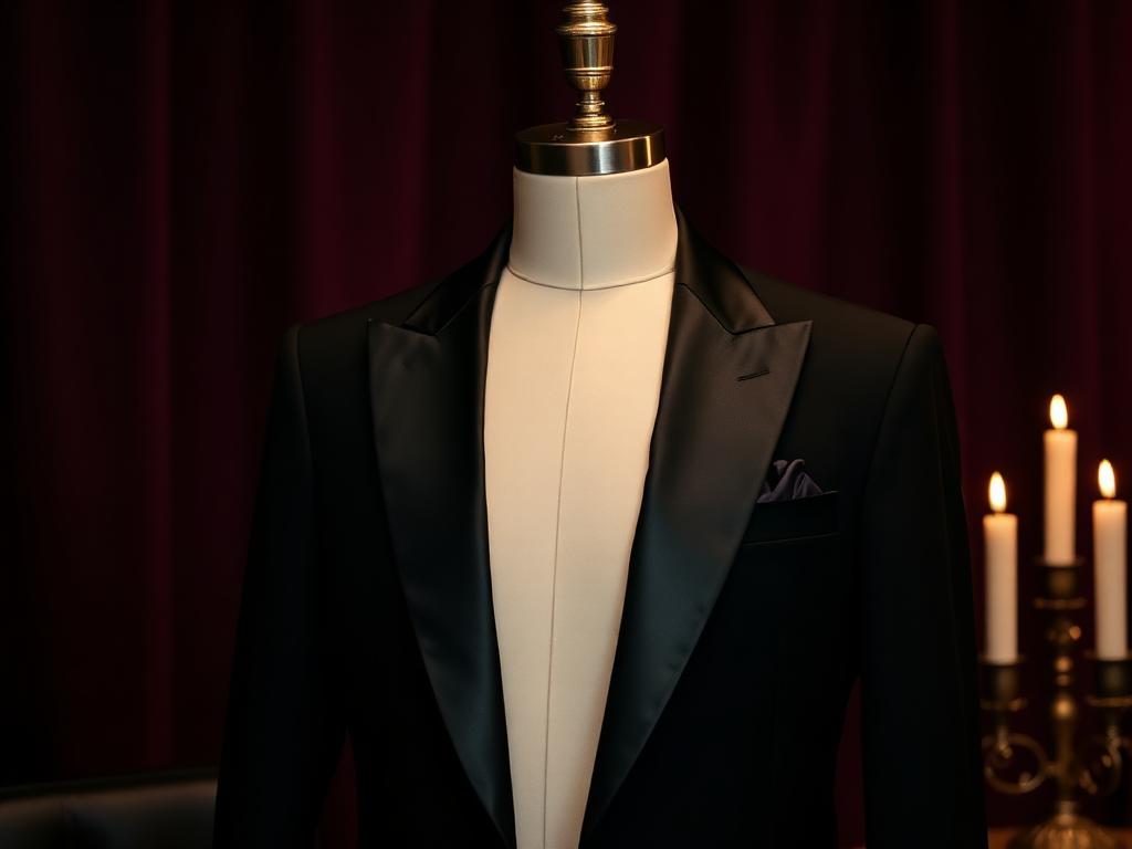 Black dinner jacket with satin peak lapels on a tailor's form