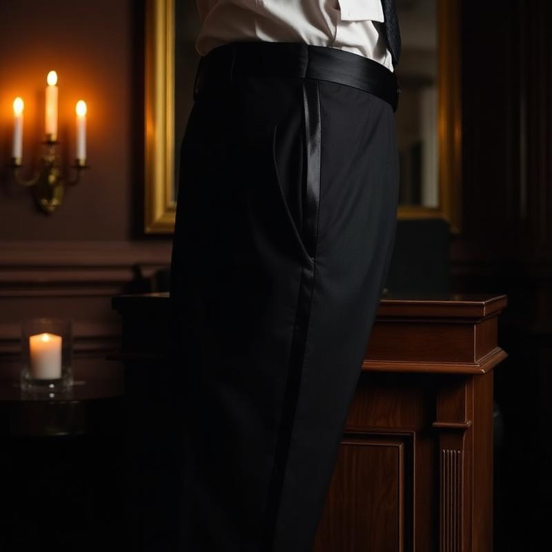 Black evening trousers with satin side stripe on a valet stand in candlelight