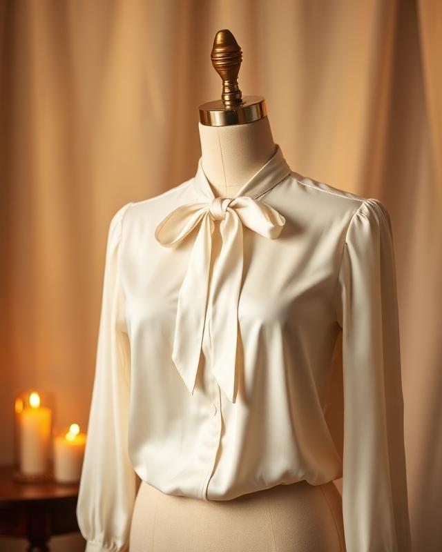 Ivory silk blouse with ribbon-tie neckline on a dress form