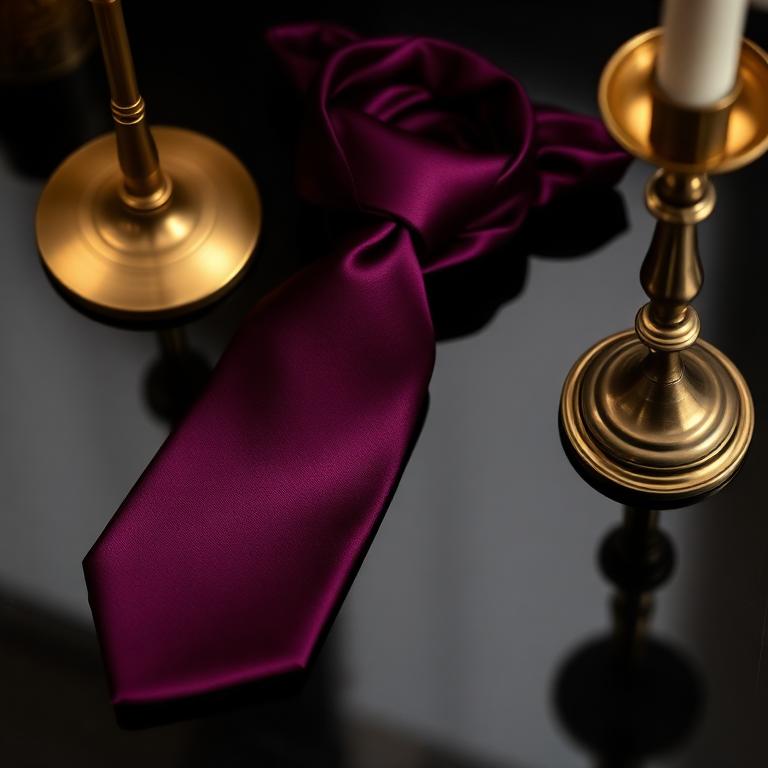 Plum silk necktie beside a gold candlestick