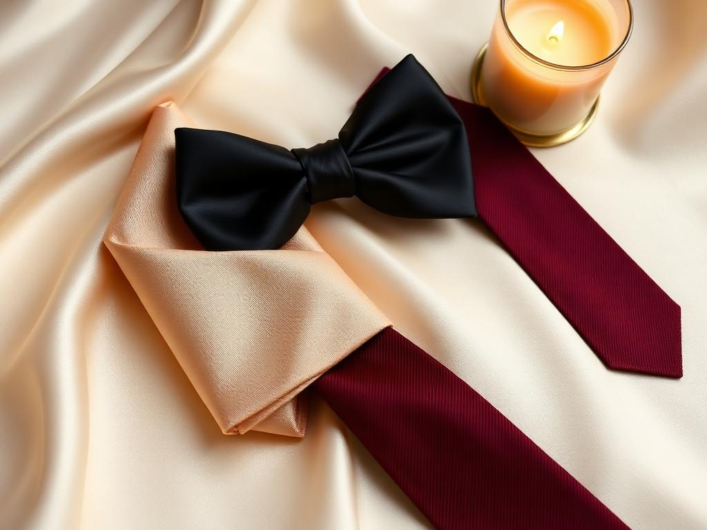Black bow tie, burgundy tie, and silk pocket square on cream silk