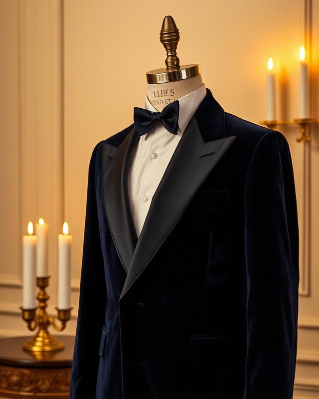 Midnight velvet dinner jacket on a tailor's form beside lit candles