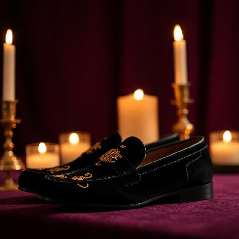 Black velvet evening loafers with gold embroidery in candlelight