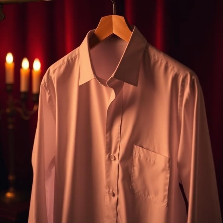 Crisp white cotton dress shirt on a wooden hanger in candlelight